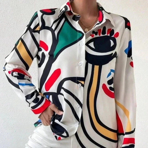 Cartoon Print Button Up Roll Sleeve Shirt - Picture 4 of 6